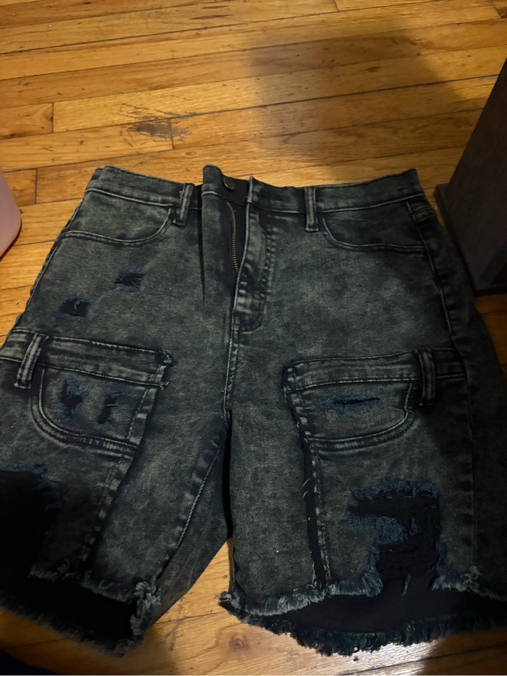 Fashion Nova Distressed Washed Black Denim Cargo Shorts